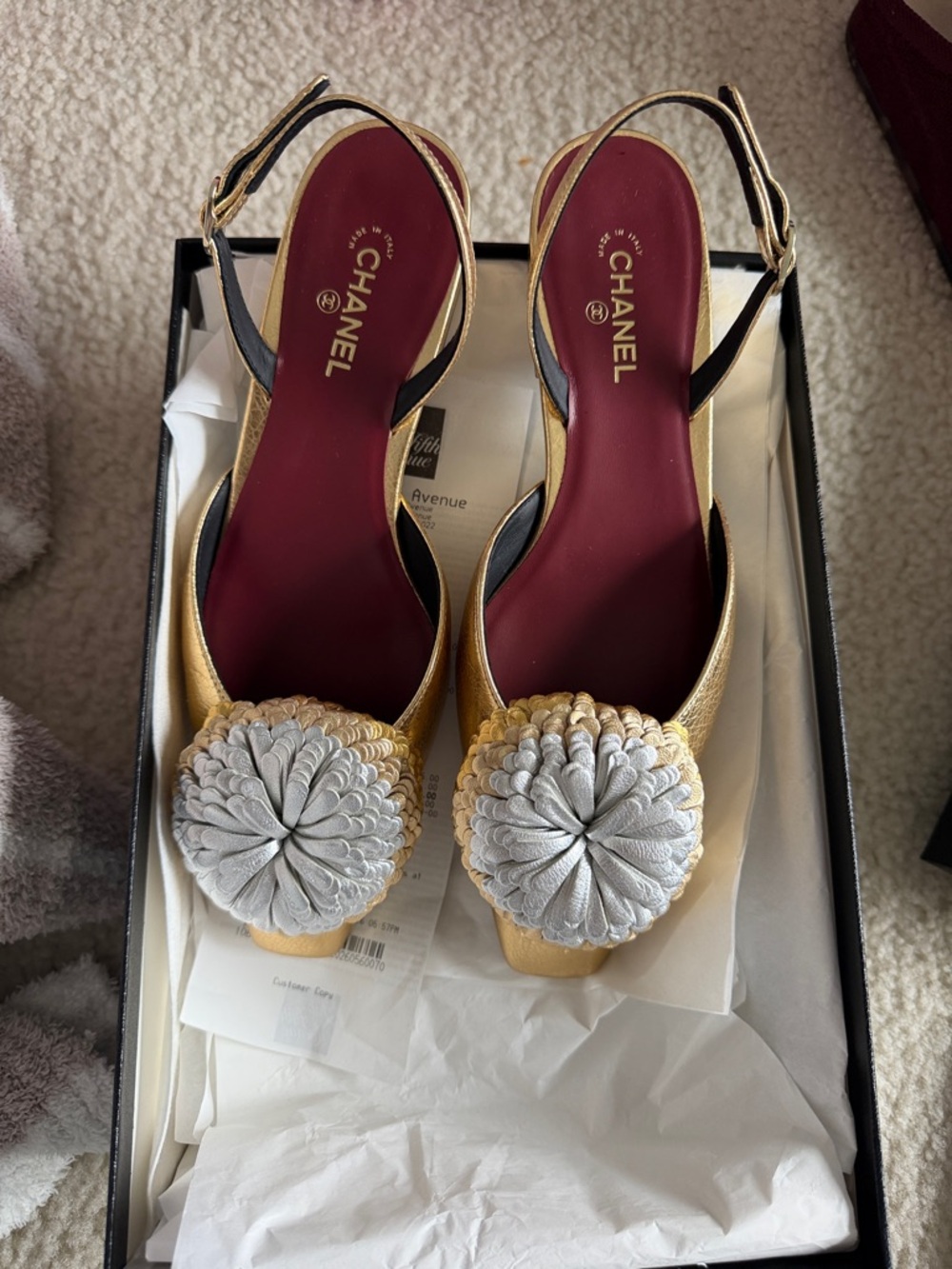 CHANEL Gold Slingback Pumps with Silver Floral Rosettes and Burgundy Insole